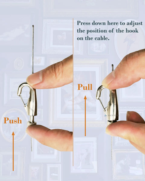 Picture Rail Hanging Kit With Six White Rail Hooks And A 72 Inch Invisible Cord adjustable hook detail with push-pull instructions