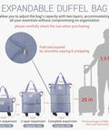 Diagram showing expandable rolling duffle bag with wheels, expanding from 18L to 44L, waterproof Oxford material.