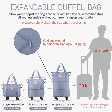 Diagram showing expandable rolling duffle bag with wheels, expanding from 18L to 44L, waterproof Oxford material.