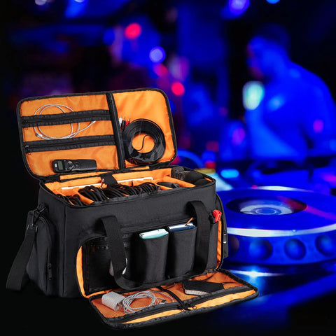 Pro DJ Gear Bag With 8 Detachable Dividers And 15.6 Inch Laptop Sleeve, large capacity, near DJ setup with open compartments