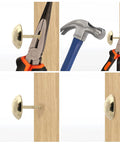 Upgrade Your Furniture Game With These Top Shelf Gold Upholstery Tacks 300 Piece Kit in use with pliers and hammer on wood.