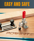 Built Heavy Duty 4 Pack Toggle Clamps Kicking Out 500 Lbs Quick Release Vertical Grip and Grippy Rubber Caps for Locking Down Woodworking Jigs Fixtures Plus Welding Setup Tight with clamps on wood surface.
