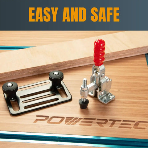 Built Heavy Duty 4 Pack Toggle Clamps Kicking Out 500 Lbs Quick Release Vertical Grip and Grippy Rubber Caps for Locking Down Woodworking Jigs Fixtures Plus Welding Setup Tight with clamps on wood surface.