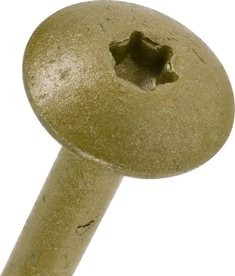 Close-up of a star drive head of a heavy duty construction lag screw, part of 75 Piece Heavy Duty Construction Lag Screws 5/16 By 5 Inches Star Drive Structural Wood Screws With Type 17 Cut Point And Coarse Thread For Exterior Decks Stairs Playsets And Treated Lumber.