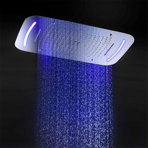Straight Up Luxury Ceiling Mount Shower System With Remote Led Head And Mist Waterfall Spray Boasting Smart Temp Control And Heavy Duty Rust Proof Body, showcasing LED rainfall feature.