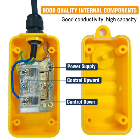 Internal components of 3 Wire Dump Trailer Remote Control Switch 12V DC For Single Acting Hydraulic Pump, yellow ABS casing open