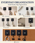 Black Self Adhesive Wall Hooks 10 Pack Heavy Duty Peel And Stick Mounting Brackets No Drill Hanging Rack in various home settings.