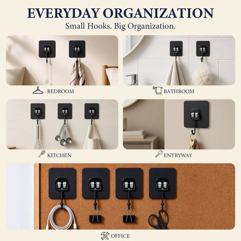 Black Self Adhesive Wall Hooks 10 Pack Heavy Duty Peel And Stick Mounting Brackets No Drill Hanging Rack in various home settings.