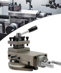 Universal AT300 Lathe Tool Post Assembly with 360 Degree Rotatable Tool Table in machine shop, lathe tool detail