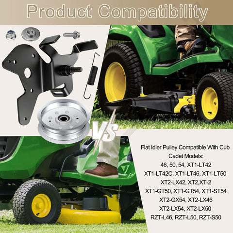 Deck Drive Belt Idler Arm Plate Kit With Flat Idler Pulley For John Deere Lawn Tractors shown with installation guide