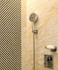 Elegant arc-design Powerful Suction Cup Soap Dish for Shower and Kitchen No Drill Mount Holds Up to 7.5 Pounds next to showerhead.