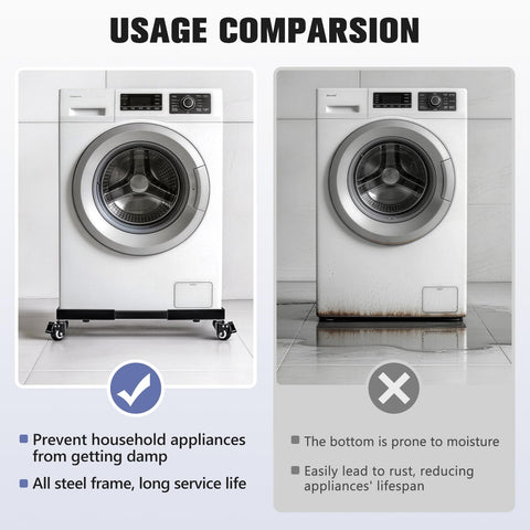 Comparison of washer on Beefed Up Heavy Duty Washing Machine Dolly with all-steel frame vs floor. Washer shown with dolly on left.