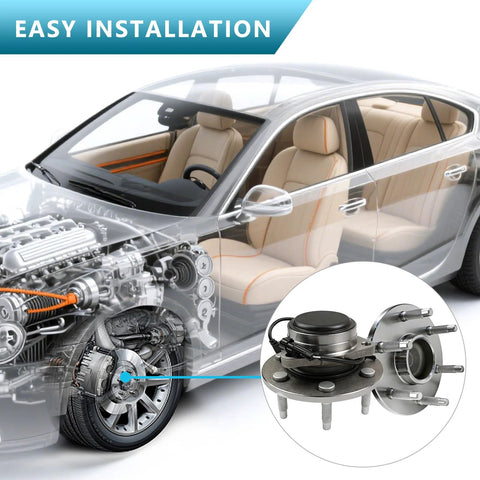 Drop-In Front Wheel Hub Bearing Assembly With ABS For 2WD Chevy Tahoe Suburban GMC Yukon Silverado Sierra Escalade 6-Lug Vehicles 1999-2006 Range Part 515054 Easy Install Durable Replacement For Daily Driver shown with a diagram of installation on a car model.