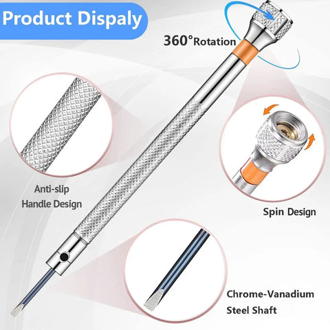 Micro Precision Screwdriver Set For Eyewear Watches And Jewelry With 13 Replacement Bits showcasing anti-slip handle and spin design