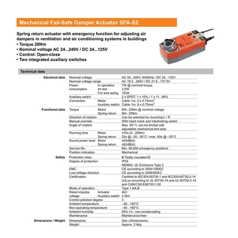 Heavy Duty Sfa S2 Spring Return Damper Actuator 20Nm Torque AC And DC 24V with technical specifications and features.