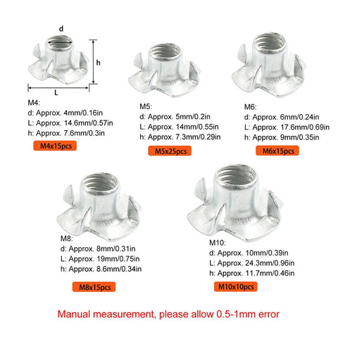 80 Piece Heavy Duty Tee Nut Set For Wood, Carbon Steel T Nuts With Threaded Inserts, 4 Prong Design, M4 To M10 Furniture Fasteners