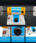 Industrial Strength Bench Buffer And Jewelry Polisher With Variable Speed Drive 320W Motor 800 To 10000 RPM Heavy Duty Design showing power switch and speed adjustment knob.