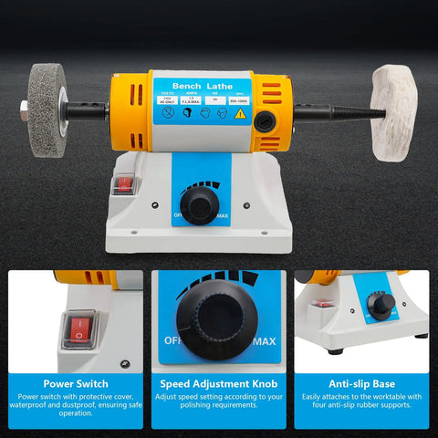 Industrial Strength Bench Buffer And Jewelry Polisher With Variable Speed Drive 320W Motor 800 To 10000 RPM Heavy Duty Design showing power switch and speed adjustment knob.