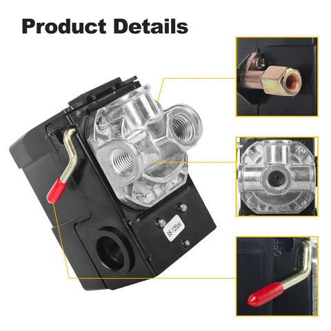 Four Port Air Compressor Pressure Switch Replacement Control NPT Quarter Inch 95 to 125 PSI 20A shown with details