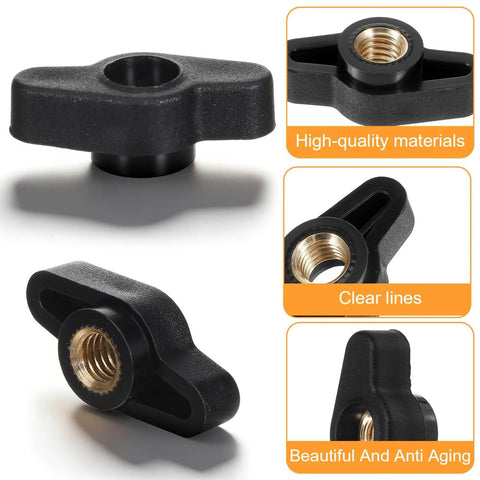 12 Pack 1 Quarter Inch Wing Knobs Through Hole T Knobs Hand Screw Nut Plastic Handle Clamping Knob With Steel Insert For T Track Accessories Feather Boards Woodworking Jigs And Fixtures DIY Friendly, various angles showing plastic handle and brass insert