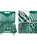 Grease Monkey Approved 61 Piece Socket Wrench Set Featuring Chrome Vanadium Steel Ratchet Tool Kit For Tight Spaces in a green case.