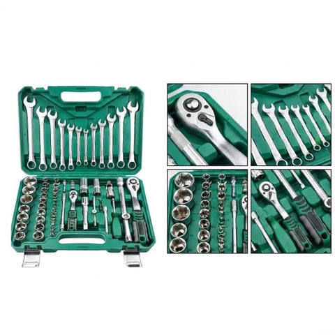 Grease Monkey Approved 61 Piece Socket Wrench Set Featuring Chrome Vanadium Steel Ratchet Tool Kit For Tight Spaces in a green case.