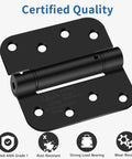 Heavy Duty Four Inch Self Closing Door Hinges Three Pack Featuring Five Eighths Corners And Spring Loaded Setup For Interior Rooms That Shut Smoothly Straight Up Zero Hassle Every Day, matte black hinge close-up with UL certification.