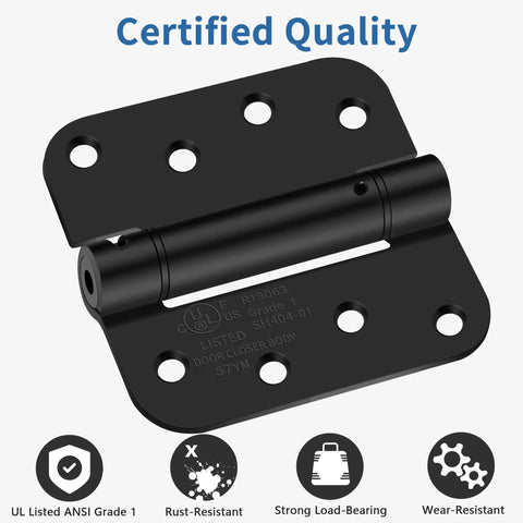 Heavy Duty Four Inch Self Closing Door Hinges Three Pack Featuring Five Eighths Corners And Spring Loaded Setup For Interior Rooms That Shut Smoothly Straight Up Zero Hassle Every Day, matte black hinge close-up with UL certification.