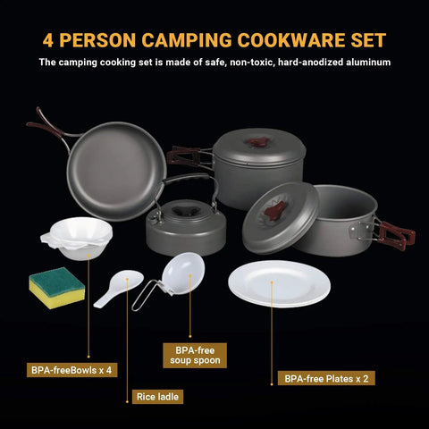 Ultra Light Camping Cookware Mess Kit With Lightweight Aluminum Pots, Pans, Kettle, BPA Free Bowls, Plates for open fire cooking