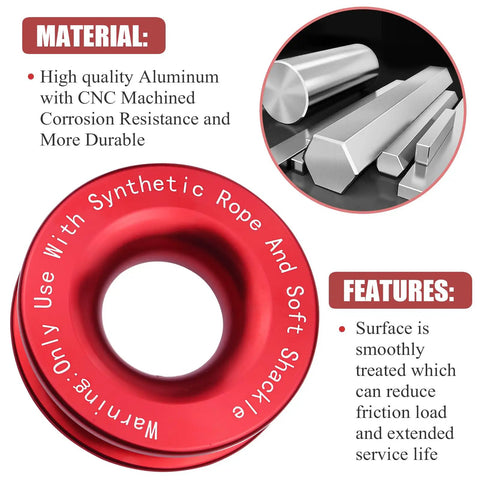 Heavy Duty Recovery Ring 66,000 Lbs For Winch Snatch Off Road SUV UTV ATV Truck Pulley Towing Ring For Synthetic Rope And Soft Shackle 7075 Aluminum CNC Machined Corrosion Resistant Red, red aluminum ring with material callout
