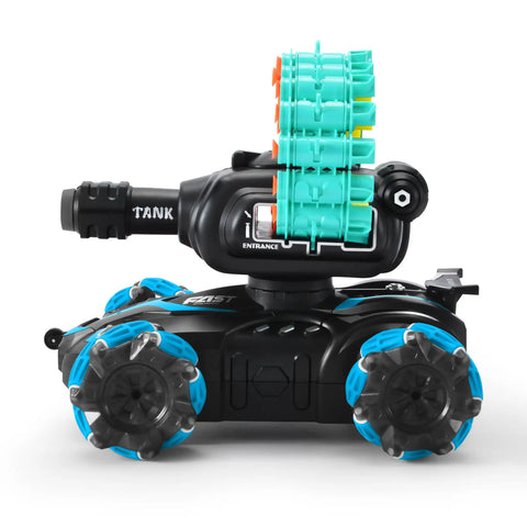 Remote Control Battle Tank That Shoots Foam Darts, 16 Darts Included, Blue RC Car For Kids Aged 7 To 11, side view