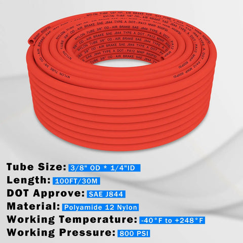 DOT Certified PA12 Nylon Red Air Hose Three Eighths Inch Pneumatic Tubing 100 Ft coiled with specifications