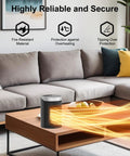 Portable Electric Space Heater With Thermostat and Remote, 1500W PTC Ceramic Quick Heat, emitting warmth in a living room