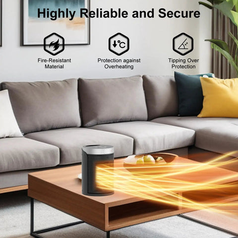 Portable Electric Space Heater With Thermostat and Remote, 1500W PTC Ceramic Quick Heat, emitting warmth in a living room