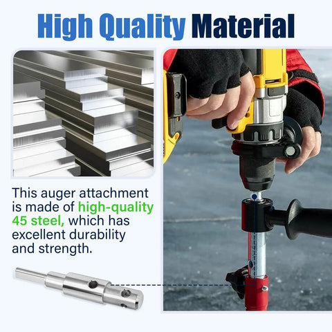 Two Stage Auger Adapter for Three Quarters Inch and Seven Eighths Inch Auger Shafts Alloy Steel Drill Attachment shown with drill