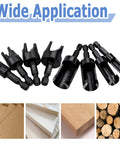 Flat Out Excellent Wood Plug Cutter Drill Bits Set With Quarter Inch Hex Shank showcasing eight black steel bits and wood materials.