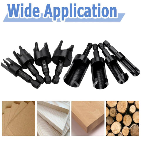 Flat Out Excellent Wood Plug Cutter Drill Bits Set With Quarter Inch Hex Shank showcasing eight black steel bits and wood materials.