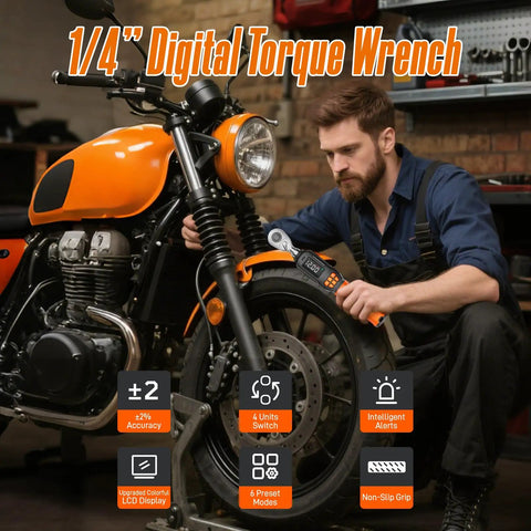 Mechanic using Digital Torque Wrench With LCD Display And Buzzer 0.44 To 8.8 Ft Lb Or 0.6 To 12 Nm One Quarter Inch Drive Pro Grade Tool on motorcycle
