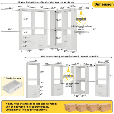 Dimensions of Heavy-Duty Modular Closet System With Nine Drawers And Nine Hanging Rods For Walk-In Spaces White L-Shape Corner Organizer Kit