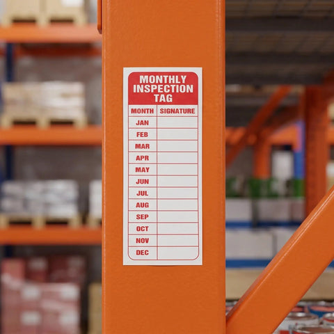 30 Pack Pro Grade Equipment Maintenance Inspection Stickers 5 By 3 Inch Monthly Log Labels attached to orange beam