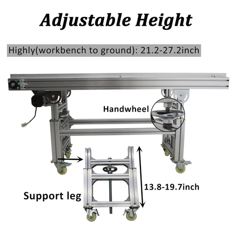 Beefy PU Belt Conveyor With Aluminum Frame 59 Inch Length And 11.8 Inch Width, adjustable height mechanism and handwheel