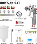 Pro Grade LVLP Spray Gun With Swappable 1.3 To 2.0 Millimeter Nozzles And Integrated Pressure Regulator For Auto Refinishing DIY Repairs And Woodworking components and accessories layout