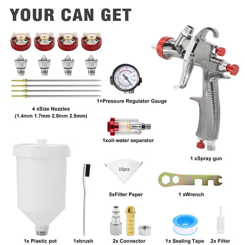 Pro Grade LVLP Spray Gun With Swappable 1.3 To 2.0 Millimeter Nozzles And Integrated Pressure Regulator For Auto Refinishing DIY Repairs And Woodworking components and accessories layout