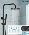 Outdoor Shower Kit With 304 Stainless Steel 8 Inch Shower Head And 2 In 1 Cylinder Handheld Spray Dual Function Easy Install Wall Mount Faucet Matte Black Weatherproof Finish with 360-degree rotation.