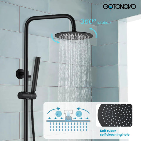 Outdoor Shower Kit With 304 Stainless Steel 8 Inch Shower Head And 2 In 1 Cylinder Handheld Spray Dual Function Easy Install Wall Mount Faucet Matte Black Weatherproof Finish with 360-degree rotation.