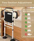 Heavy Duty Bed Rail For Seniors With 400 Lbs Support ASTM Certified Height Adjustable Bed Assist Rail with measurements and bed compatibility.
