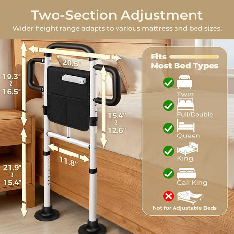 Heavy Duty Bed Rail For Seniors With 400 Lbs Support ASTM Certified Height Adjustable Bed Assist Rail with measurements and bed compatibility.