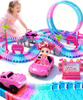 Pink 177 Piece Flexible Track Car Toy Set For Girls Ages 3 4 5 6 With 360 Degree Rotating Tracks Princess Car Doll Bridges Loop Runners Coconut Trees And Birthday Gift Idea displayed with a child playing