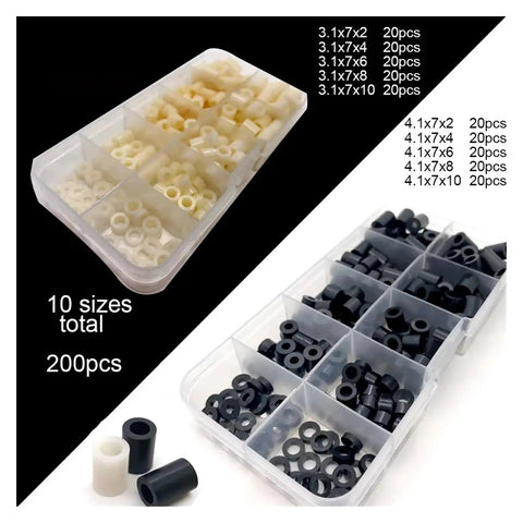 Value Packed Nylon Spacers Set 200 Pcs Non Threaded Plastic Hollow Washers In Black And White M3 And M4 Sizes 7mm Outer Diameter 2-10mm Thick And 2-10mm Length 10 Sizes In Sturdy Box Kit, plastic spacer box