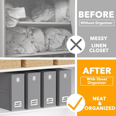 Keep Your Bedding Slick With These Foldable Sheet Organizers, 4 Pack XL Storage Folders Featuring Peek Windows For Queen And King Sets, Straight Up The Best Linen Closet Game Changer In Gray
